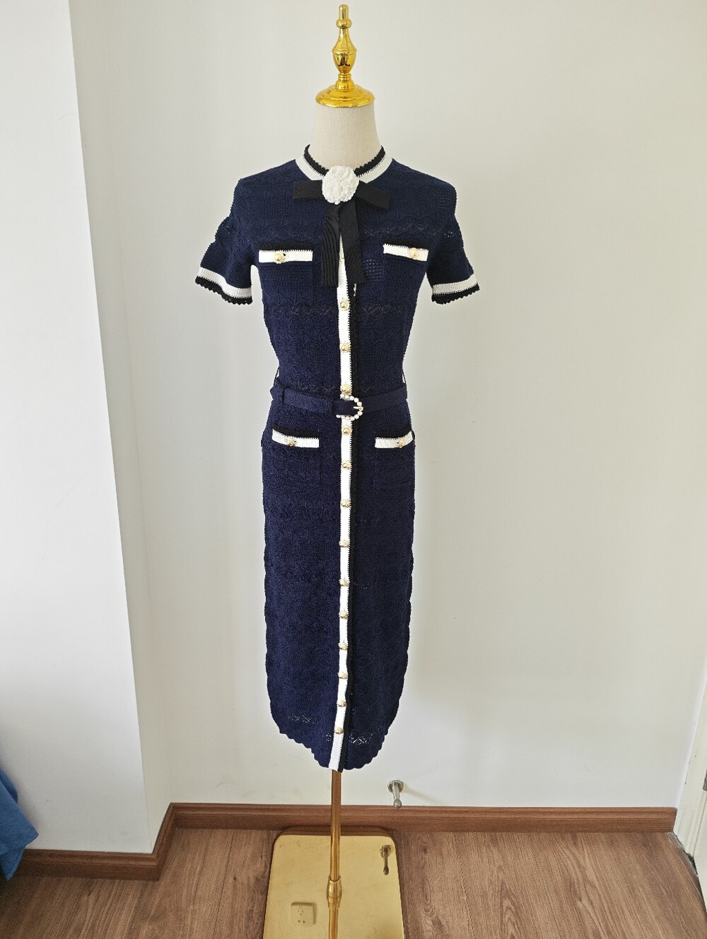 Self Portrait Navy Pointelle Knit Midi Dress - Picture 6 of 14